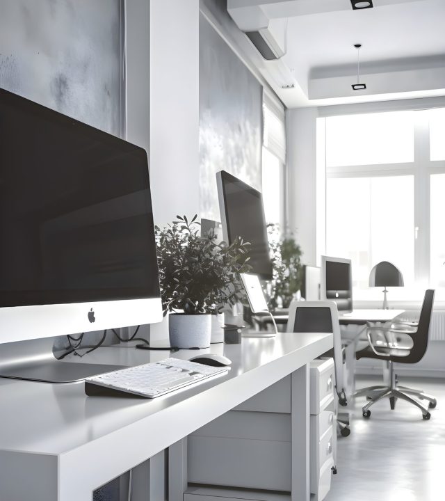 Modern office interior with white walls. concrete floor and computer tables. 3d render